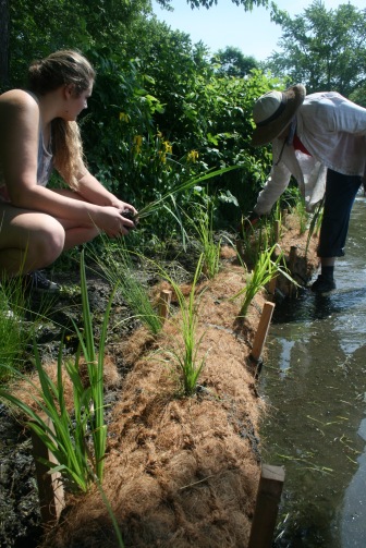 Mackenzie from Arrowhead High School and Jill from Tall Pines Conservancy planting the bio-log